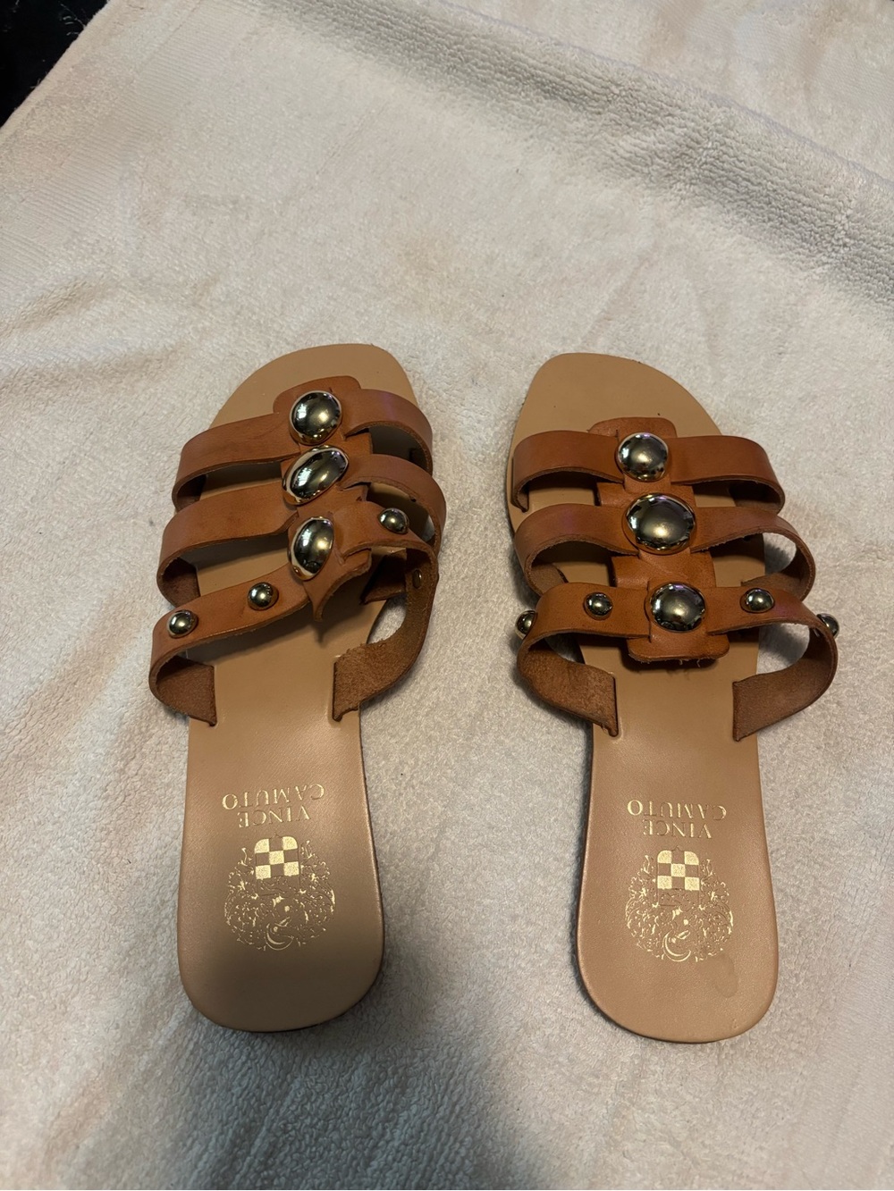 Vince Camuto Cognac Leather Slide Sandals with Gold Studs